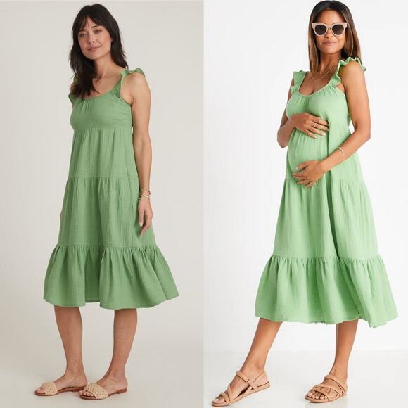 Marine Layer Jude Dress Flutter Sleeve Tiered Swing Midi Jade Sheen Green NWT M - Picture 1 of 8
